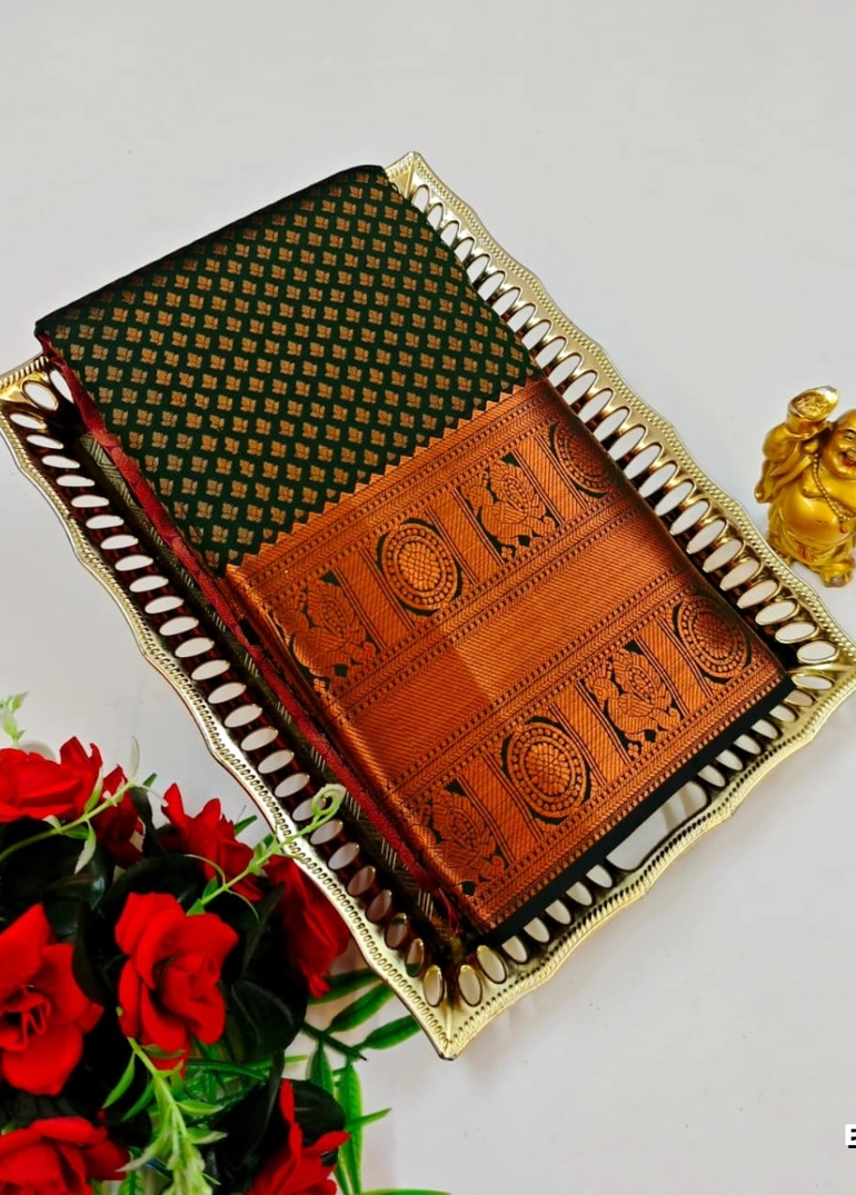 Bridal silk gold silvar and copper zari weave and wedding art silk sarees - bottle green